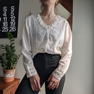 White/Ivory Pinstripe Button-Up Top with Lace Trim